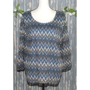 Coral Bay Blue & Brown Chevron Print Blouse Top Size L Sheer Lined 3/4 Sleeve